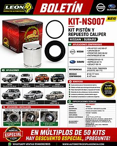 KIT PISTON Y REPUESTO CALIPER NISSAN PK-UP D21 4X2 89-07, URVAN 99-01, FRONTIER 2WD 90-02, PATHFINDER 87-94, SUBARU FORESTER 03-15, IMPREZA 02-15, LEGACY 06-14 7228 D333, 7880D929 (HO207D, 85177) Ø: 42.77 mm A: 47 mm
