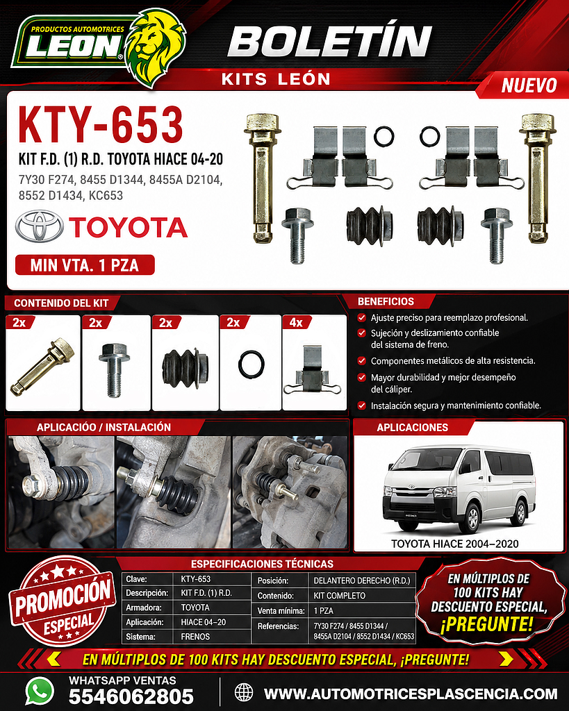 KIT F.D. (1) R.D. TOYOTA HIACE 04-20 7Y30 F274, 8455 D1344, 8455A D2104, 8552 D1434 KC653