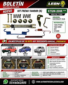 KIT FRENO TAMBOR (R) G.M. CHEVY 94-03, MONZA 94-12, CORSA 02-07 13X0 FT003, 1665 S994, 427 KT208R