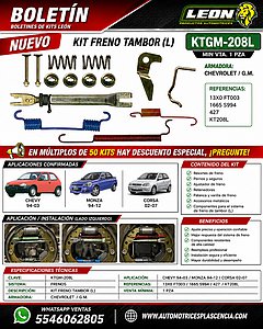 KIT FRENO TAMBOR (L) G.M. CHEVY 94-03, MONZA 94-12, CORSA 02-07 13X0 FT003, 1665 S994, 427 KT208L