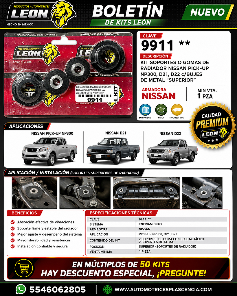KIT SOPORTES o GOMAS DE RADIADOR NISSAN PICK-UP NP300, D21, D22 c/BUJES DE METAL “SUPERIOR”
