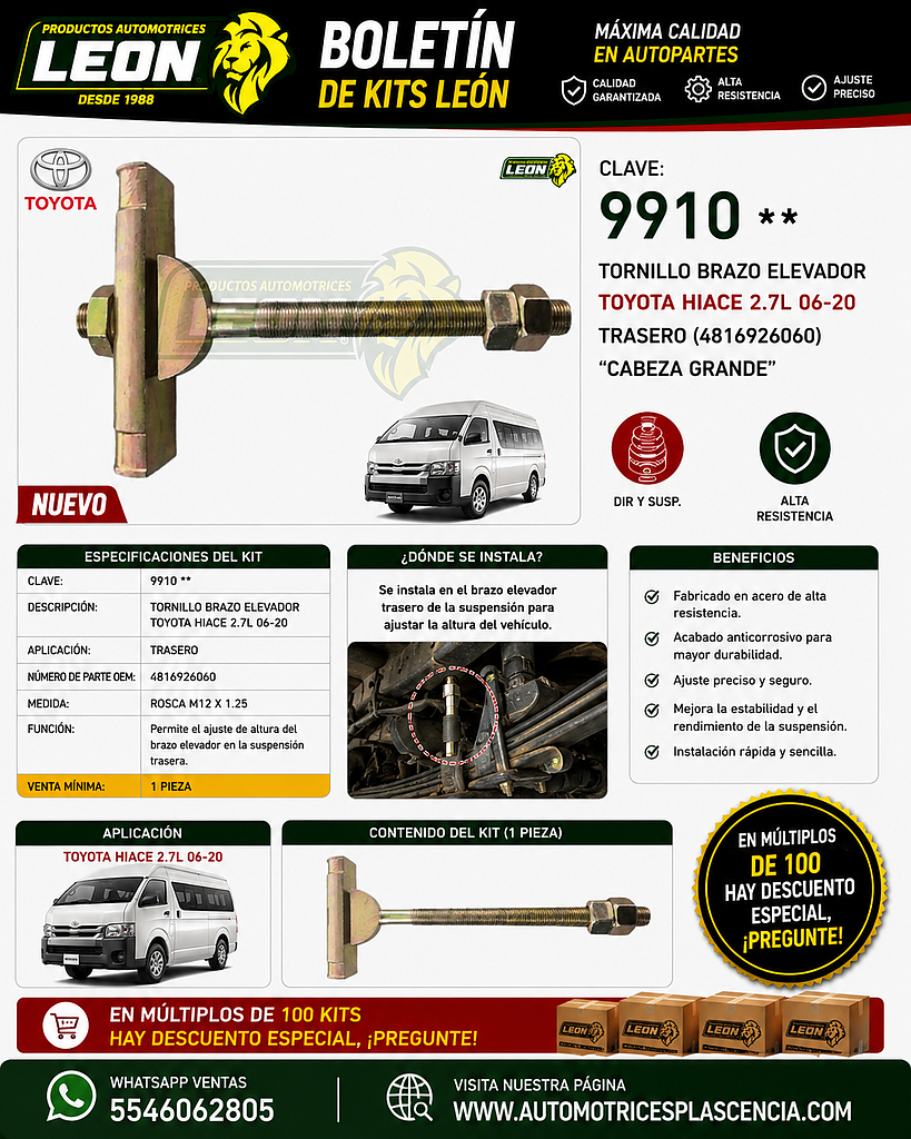 TORNILLO BRAZO ELEVADOR TOYOTA HIACE 2.7L 06-20 TRASERO (4816926060) “CABEZA GRANDE”