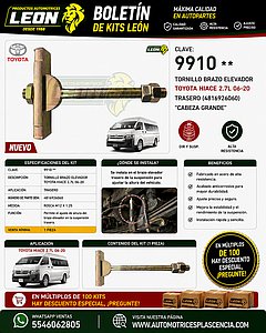 TORNILLO BRAZO ELEVADOR TOYOTA HIACE 2.7L 06-20 TRASERO (4816926060) “CABEZA GRANDE”