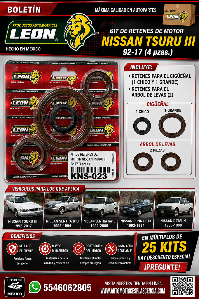 KIT DE RETENES DE MOTOR NISSAN TSURU III 92-17 (CIG. CHICO, CIG. GRANDE Y ARBOL DE LEVAS) (4 pzas.)