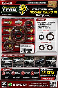 KIT DE RETENES DE MOTOR NISSAN TSURU III 92-17 (CIG. CHICO, CIG. GRANDE Y ARBOL DE LEVAS) (4 pzas.)