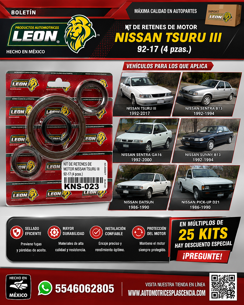 KIT DE RETENES DE MOTOR NISSAN TSURU III 92-17 (CIG. CHICO, CIG. GRANDE Y ARBOL DE LEVAS) (4 pzas.)