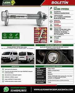 TORNILLO EXCENTRICO NISSAN URVAN, NV350 02-22 2.4, 2.5, 3.0L 4C. 16V. GASOLINA Y DIESEL 12 Y 15 PASAJEROS “INFERIOR” “KIT c/TUERCA Y RONDANA” EN BLISTER LEÓN