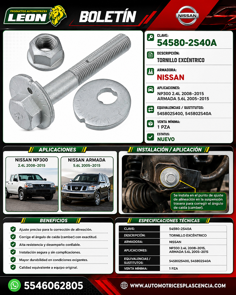 TORNILLO EXCENTRICO NISSAN NP300 2.4L 08-15, ARMADA 5.6L 05-15 (545802S400, 545802S40A)
