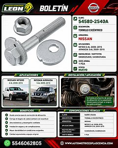 TORNILLO EXCENTRICO NISSAN NP300 2.4L 08-15, ARMADA 5.6L 05-15 (545802S400, 545802S40A)