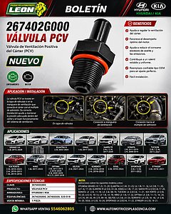 VALVULA PCV HYUNDAI GRAND I10 L4 1.2L 15-20, ELANTRA L4 1.6L 21-23, L4 1.8L 11-16, L4 2.0L 11-20, L4 1.4L 17-20, ELANTRA N L4 2.0L 22-24,  IONIQ L4 1.6L 17-22, SANTA FE L4 2.0, 2.4L 17-20, SONATA L4 2.0L 11-19, L4 2.4L 08-19, TUCSON L4 2.0, 2.4L 11-21, KIA FORTE L4 2.0L 10-23, L4 2.4L 10-13, L4 1.8L 14-16,  NIRO L4 1.6L 17-22,  OPTIMA L4 2.0L 11-13, 16-20, L4 2.4L 09-20, V6 2.7L 09-10, SELTOS L4 2.0L 21-24, SORENTO L4 2.0L 16-18, L4 2.4L 16-20, SOUL L4 2.0L 10-24, SPORTAGE L4 2.0, 2.4L 11-22, STINGER L4 2.0L 18-21 (267402G000, 267400300, 320-018)