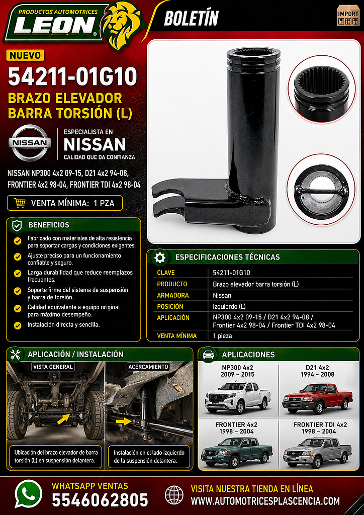 BRAZO ELEVADOR BARRA TORSION (L) NISSAN NP300 4x2 09-15, D21 4x2 94-08, FRONTIER 4x2 98-04, FRONTIER TDI 4x2 98-04