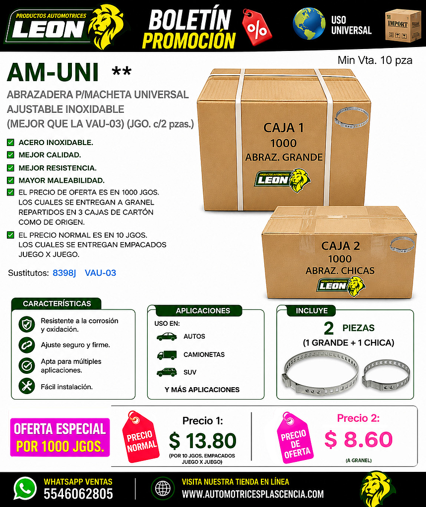 ABRAZADERA P/MACHETA UNIVERSAL AJUSTABLE INOXIDABLE (MEJOR QUE LA VAU-03) (JGO. c/2 pzas.)
