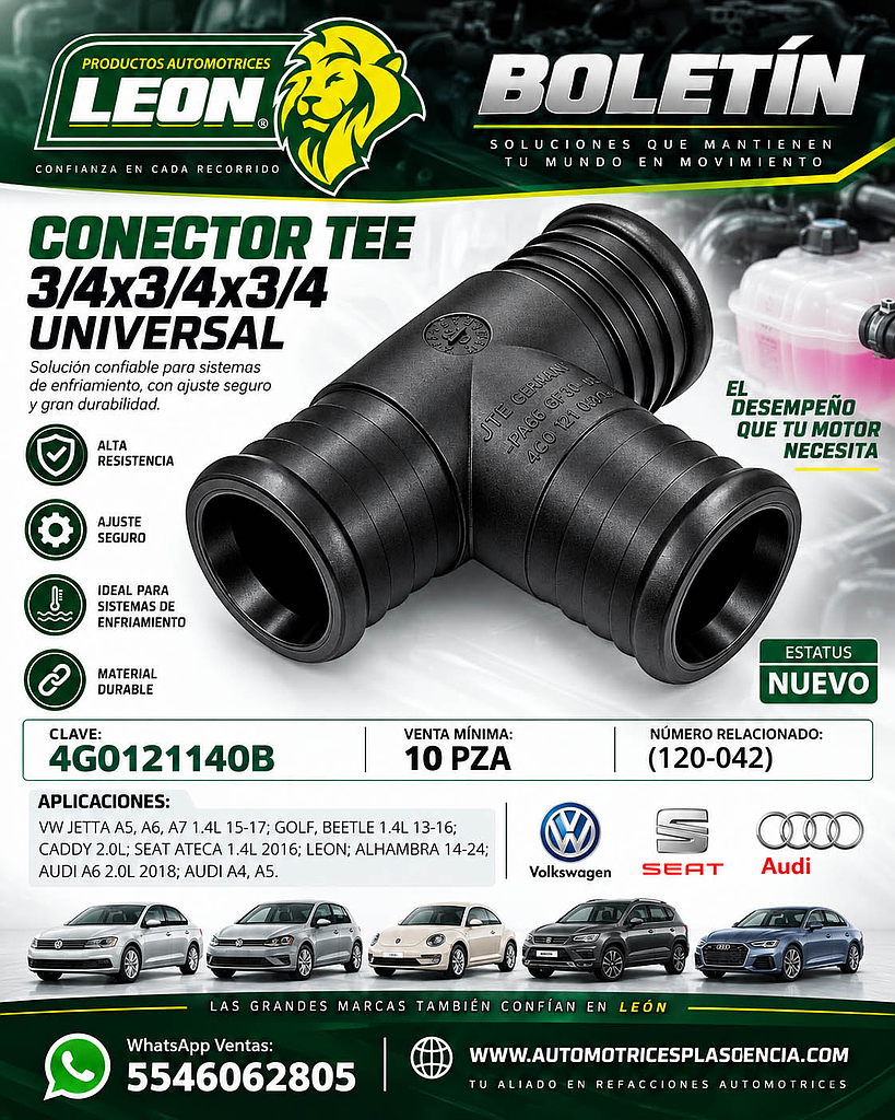 CONECTOR TEE 3/4x3/4x3/4 UNIVERSAL, VW JETTA A5, A6, A7 1.4L 15-17, GOLF, BEETLE 1.4L 13-16, CADDY 2.0L, SEAT ATECA 1.4L 2016, LEON, ALHAMBRA 14-24, AUDI A6 2.0L 2018, AUDI A4, A5 (120-142)