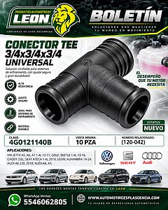 CONECTOR TEE 3/4x3/4x3/4 UNIVERSAL, VW JETTA A5, A6, A7 1.4L 15-17, GOLF, BEETLE 1.4L 13-16, CADDY 2.0L, SEAT ATECA 1.4L 2016, LEON, ALHAMBRA 14-24, AUDI A6 2.0L 2018, AUDI A4, A5 (120-142)