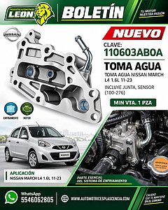 TOMA AGUA NISSAN MARCH L4 1.6L 11-23 (INCLUYE JUNTA, SENSOR) (100-276)