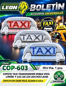 COPETE TAXI TRANSPARENTE DOBLE VISTA c/IMAN Y LUZ LED (28 LEDS POR LADO) (ESPECIFICAR COLOR ROJO, BLANCO O AZUL)