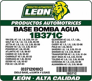 BASE BOMBA AGUA VW GOL 4C 1.6, 1.8, 2.0L 04-10, GOLF 4C 1.6, 1.8, 1.9, 2.0L 85-99, JETTA 4C 1.6, 1.8, 1.9, 2.0L 85-99, PASSAT 4C 1.8, 1.9, 2.0L 91-97, POINTER 4C 1.8L 02-09, ATLANTIC 4C 1.8L 86-87, CABRIO 4C 2.0L 95-02, CABRIOLET 4C 1.8L 85-93, CORRADO 4C 1.8L 90-92, DERBY 4C 1.8L 95-97, FOX 4C 1.8L 87-93, QUANTUM 4C 1.6, 1.7, 1.8L, 5C 2.2L 82-87, CADDY 4C 1.5, 1.6, 1.8L 03-06, POLO 4C 1.9L 96-02, SAVEIRO 1.6, 1.8, 2.0L 05-10, SHARAN 4C 1.9, 2.0L 96-00, TRANSPORTER 4C 1.9, 2.0L 91-04, SEAT IBIZA 4C 1.6, 2.0L 93-99, TOLEDO 4C 1.6, 1.8, 2.0L 92-99, CORDOBA 4C 1.6, 2.0L 93-96, ALHAMBRA 4C 1.9, 2.0L 96-00 (037121010C) (SOLO BASE, c/JUNTA Y LIGAS)