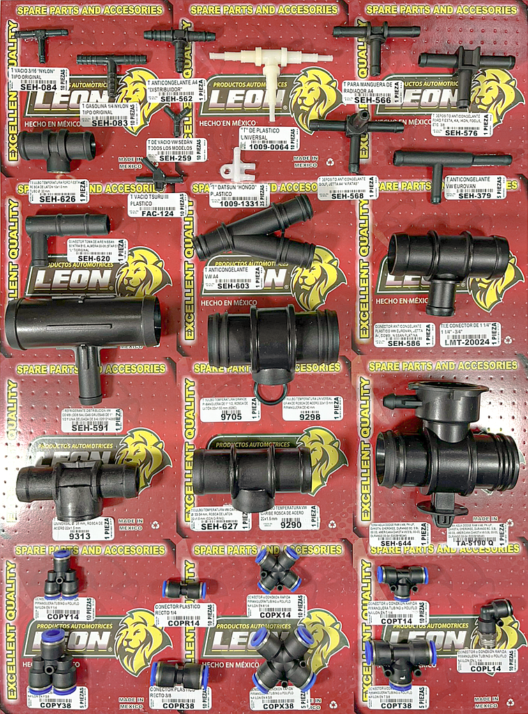 MUESTRARIO DE TES PLASTICO, CONECTORES Y CONEXIONES RÁPIDAS DE NAYLON (JUEGO DE DOS TABLAS)