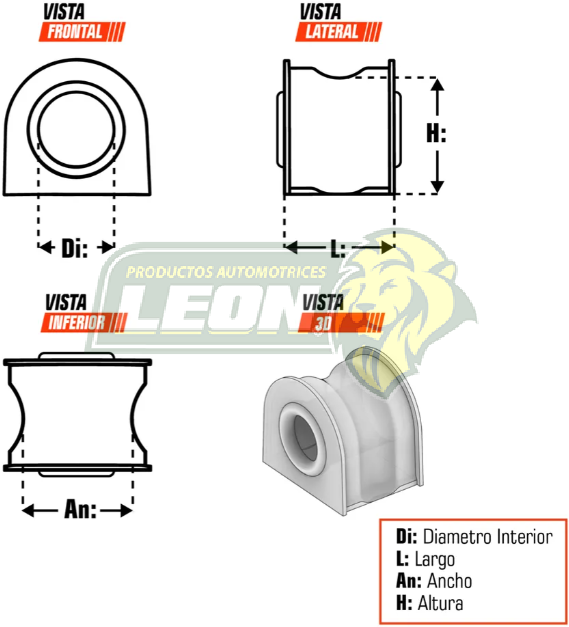 GOMA BARRA ESTABILIZADORA FORD ECOSPORT 13-17 (4039101, 10-902, BAECOSPD17) ØI: 21.29 mm, H: 33.67 mm, L: 32.09 mm, AN: 49.54 mm DELANTERA NARANJA