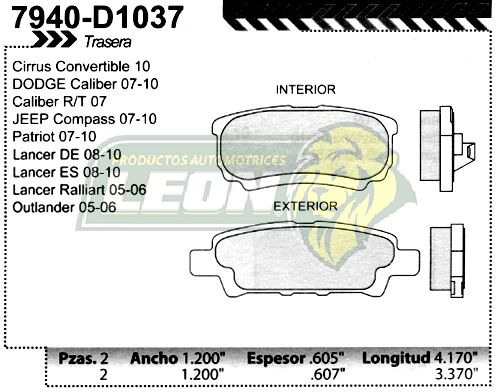 BALATA F.D. R.T. MITSUBISHI OUTLANDER 05-06, LANCER 04-09, DODGE AVENGER 08-10, CALIBER 07-09, JEEP COMPASS 07-09, PATRIOT 07-09