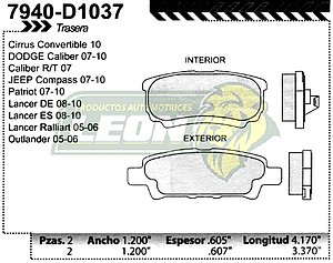 BALATA F.D. R.T. MITSUBISHI OUTLANDER 05-06, LANCER 04-09, DODGE AVENGER 08-10, CALIBER 07-09, JEEP COMPASS 07-09, PATRIOT 07-09