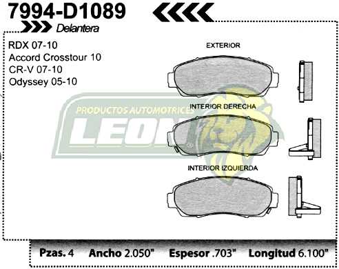 BALATA F.D. R.D. HONDA CRV 05-08, ODYSSEY 05-09, ACURA RDX 05-07