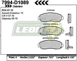 BALATA F.D. R.D. HONDA CRV 05-08, ODYSSEY 05-09, ACURA RDX 05-07
