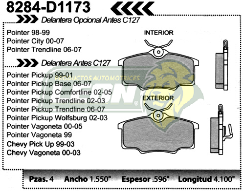 BALATA F.D. VW POINTER 98-05, VAGONETA 99-05, PK-UP 99-05 DISCO SOLIDO, G.M. CHEVY PK-UP Y VAGONETA 99-03 EQUIV. C-127