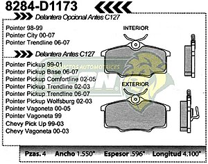 BALATA F.D. VW POINTER 98-05, VAGONETA 99-05, PK-UP 99-05 DISCO SOLIDO, G.M. CHEVY PK-UP Y VAGONETA 99-03 EQUIV. C-127