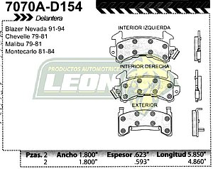 BALATA F.D. R.D. G.M. CAPRICE 80-82, MALIBU 79-81, CHEVELLE 79-82, MONTECARLO 81-85, BLAZER 89-94, S-10 PK-UP 89-92, MAXICAB 91-93