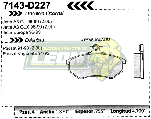 BALATA F.D. R.D. VW GOLF, JETTA A3, PASSAT 92-99 c/SEGURO SUPERIOR