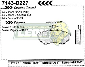 BALATA F.D. R.D. VW GOLF, JETTA A3, PASSAT 92-99 c/SEGURO SUPERIOR