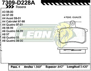 BALATA F.D. R.T. AUDI A3 98-04, A4 97-01, A4 AVANT 98-01, A4 QUATTRO 97-01, A6 97-00, A8 97-00, A8 QUATTRO 99-00, CABRIOLET 97-98