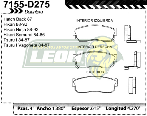 BALATA F.D. R.D. NISSAN TSURU II, HIKARI c/SEGURO AVISO =FLD233-7147