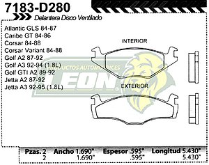 BALATA F.D. R.D. VW GOLF, JETTA A2, CORSAR 86-88, CARIBE GT DISCO VENTILADO c/SEGUROS DE CALIPER = FLD7183-D569