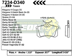 BALATA F.D. R.T. VW DERBY 02-05, GOLF, JETTA A3, GOLF, JETTA A4, PASSAT 91-05, NEW BEETLE DISCO SOLIDO, RENAULT MEGANE II 04-08, SCENIC 01-04 =FLD340-7335