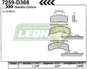 BALATA F.D. R.D. DODGE RAM 1500 94-98, CHEVROLET C-15 86-99, C-20 86-00, EXPRESS VAN 1500, 2500 98-02, SUBURBAN 94-99 =7259-D368 (DELANTERA OPCIONAL)