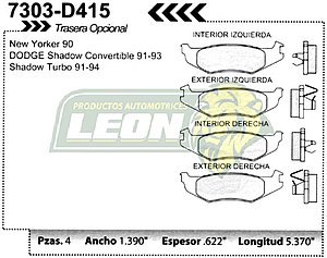 BALATA F.D. R.T. CHRYSLER SHADOW TURBO 91-94, PHANTOM 89-93, NEW YORKER