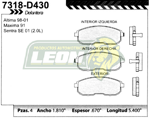 BALATA F.D. R.D. NISSAN INFINITI I30 98-01, G20, G35 05- ALTIMA, 98-01 MAXIMA 95-01 SENTRA 00-04, 350 Z 03-07 =7318-D815 / 7318-D653