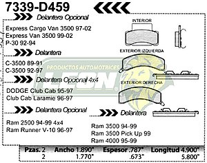 BALATA F.D. R.D. DODGE RAM 2500, 3500, 4000 94-99, MAXI WAGON 3500, 96-01 CADILLAC DORADO 94, G.M. C-30 92-93, C-3500 93-94, CHEYENNE 93, MICROBUS 93-94