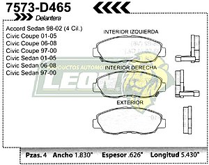BALATA F.D. R.D. HONDA CIVIC 97-05, ACCORD 98-02 4 Cil.