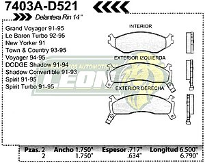 BALATA F.D. R.D. CHRYSLER LeBARON 90-95, SHADOW 91-94, SPIRIT 90-95, VOYAGER 91-95, PHANTOM 90-93, GRAND VOYAGER 91-95, NEW YORKER RIN 14”