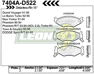 BALATA F.D. R.D. CHRYSLER LeBARON 90-95, SHADOW 91-94, SPIRIT 90-95, SPIRIT RT, VOYAGER 91-95, PHANTOM 90-93, GRAND VOYAGER 91-95, NEW YORKER RIN 15”