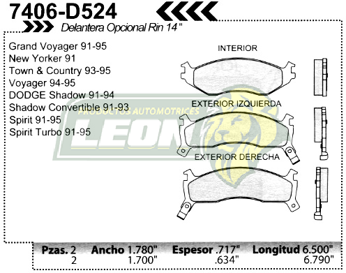 BALATA F.D. R.D. CHRYSLER SHADOW 91-94, SPIRIT Y TURBO 91-95 TOWN & CONTRY 93-95, VOYAGER, GRAND VOYAGER 91-95, NEW YORKER 91 RIN 14”
