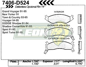 BALATA F.D. R.D. CHRYSLER SHADOW 91-94, SPIRIT Y TURBO 91-95 TOWN & CONTRY 93-95, VOYAGER, GRAND VOYAGER 91-95, NEW YORKER 91 RIN 14”