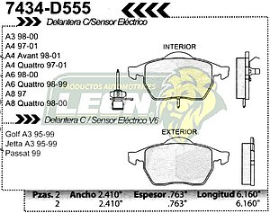 BALATA F.D. R.D. AUDI S3 97-01, A3 99-03, A4 97-01, A4 QUATTRO 98-00, A6 98-01, A8 97-00, TT 00-07, VW PASSAT VR6 99-01, PASSAT 2.8L, GOLF JETTA A3 VR6 95-99