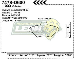 BALATA F.D. R.D. FORD COUGAR, COUGAR XR7 93-97, MUSTANG GT 94-98, THUNDERBIRD 93-97