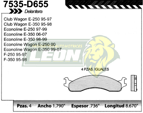 BALATA F.D. R.D. FORD EXPLORER 95-01, RANGER 96-02, CLUB WAGON, ECONOLINE E-250 95-99, CLUB WAGON, ECONOLINE E-350 95-99, F-250 95-99, F-350 95-98