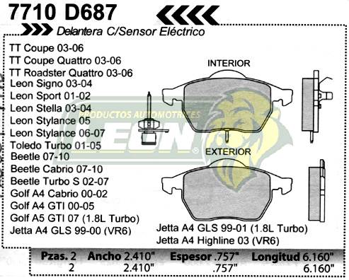 BALATA F.D. R.D. AUDI TT 03-07, SEAT LEON TURBO 01-05, TOLEDO TURBO 01-05, VW GOLF, JETTA A4, TURBO, VR6, BEETLE TURBO