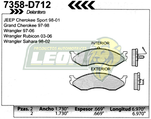 BALATA F.D. R.D. JEEP GRAND CHEROKEE 97-99, WRANGLER 97-06, CHEROKEE 97-01